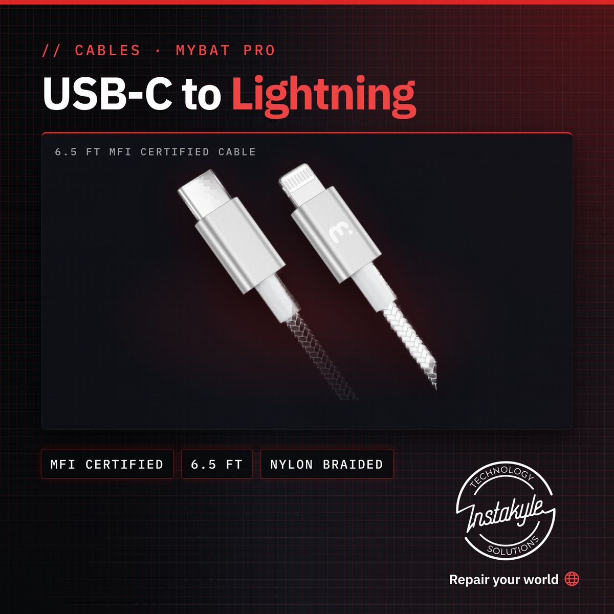 MyBat Pro MFi USB-C to Lightning cable 6.5 ft, Instakyle product card with key specs
