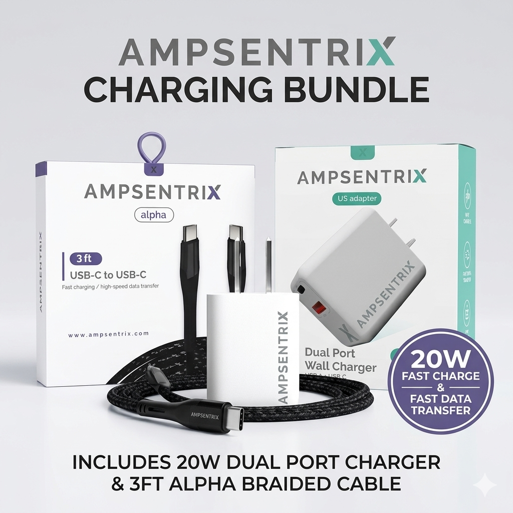 AmpSentrix charging bundle: 20W dual port charger and 3 ft Alpha braided cable with retail boxes