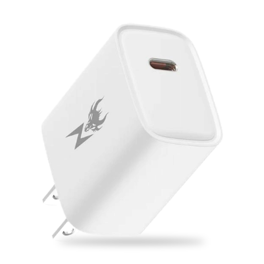 AmpNergy PowerSurge 20W USB-C fast wall charger in white with folding prongs