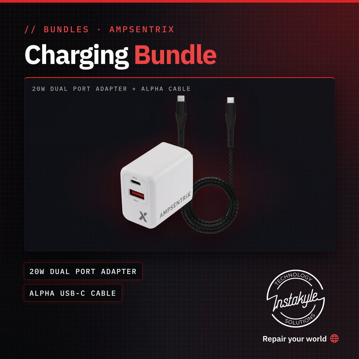 AmpSentrix charging bundle, 20W adapter and Alpha cable, Instakyle product card with key specs