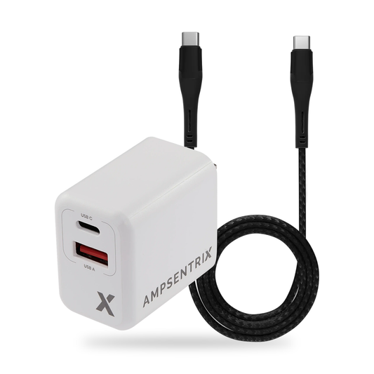 AmpSentrix charging bundle: 20W dual port wall adapter and black braided Alpha USB-C cable