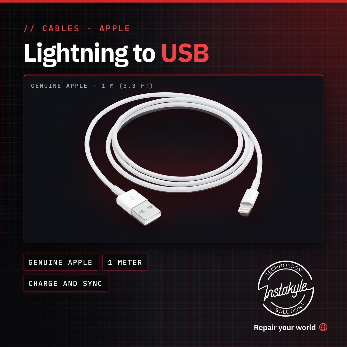 Apple Lightning to USB cable 1m, Instakyle product card with key specs