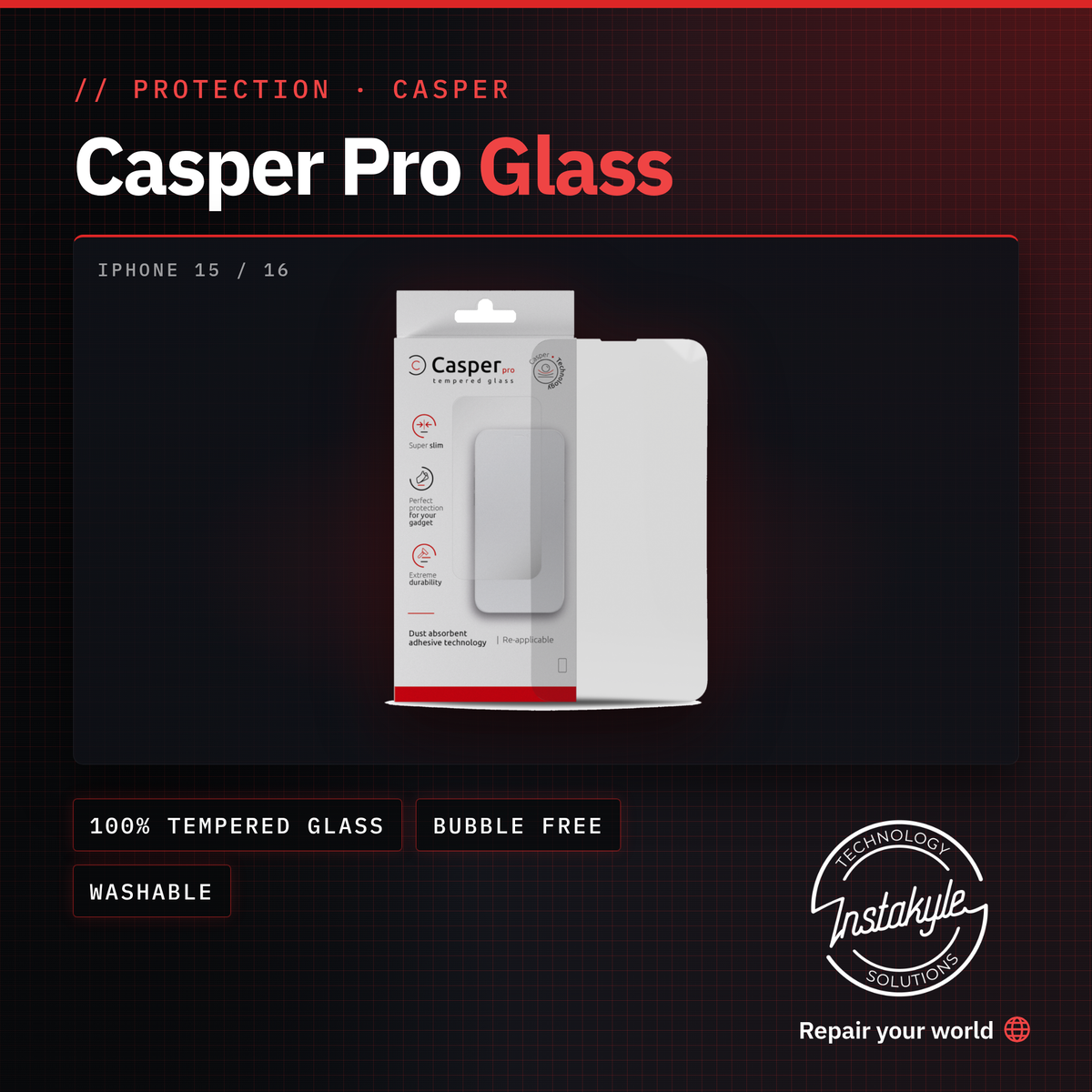 Casper Pro glass for iPhone 15 and 16, Instakyle product card with key specs
