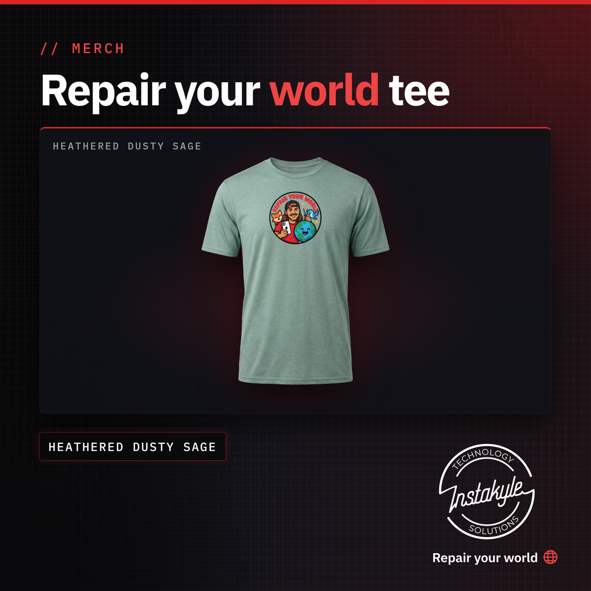 Repair Your World tee, heathered dusty sage, Instakyle product card with key specs