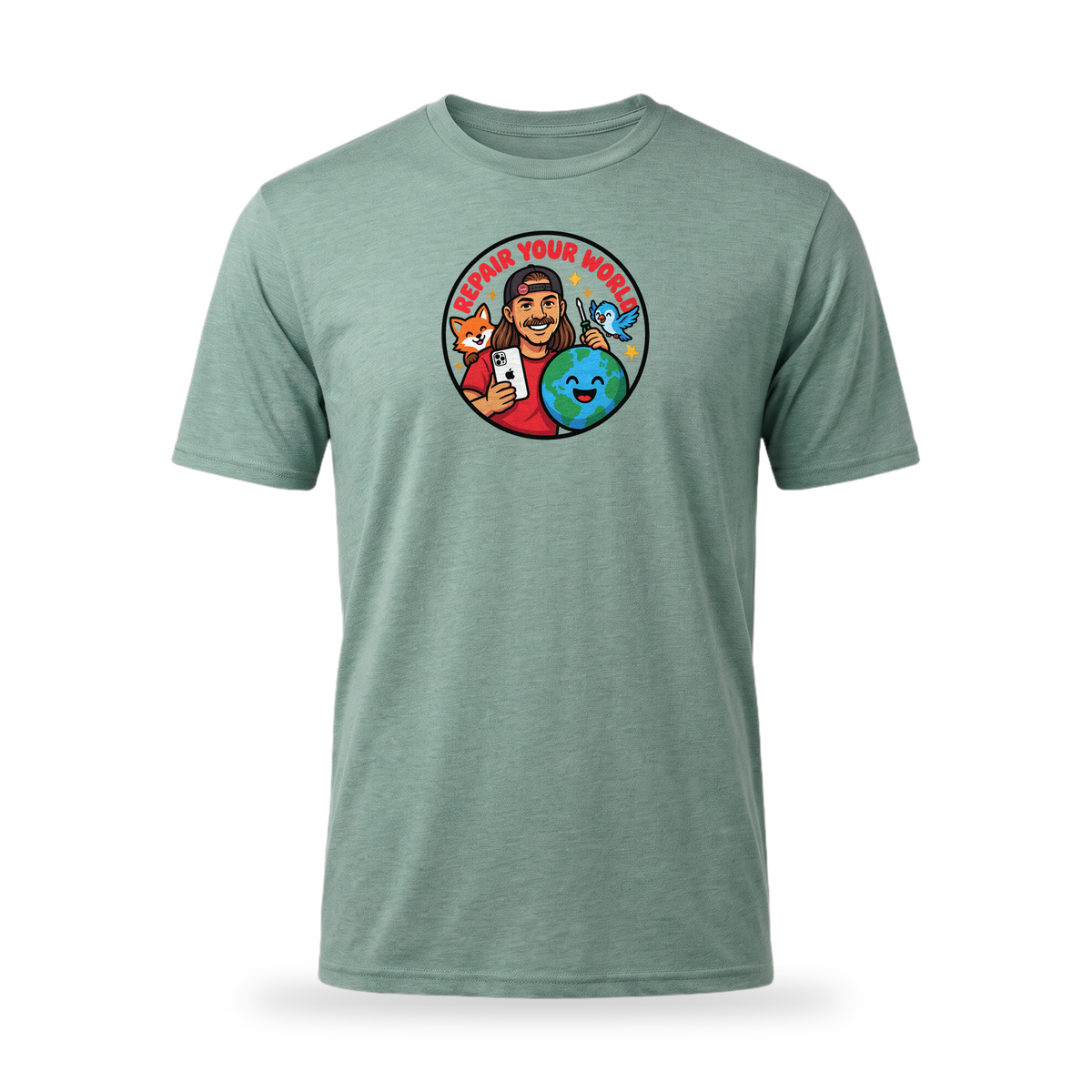Instakyle Repair Your World tee in heathered dusty sage with full color chest print, front view