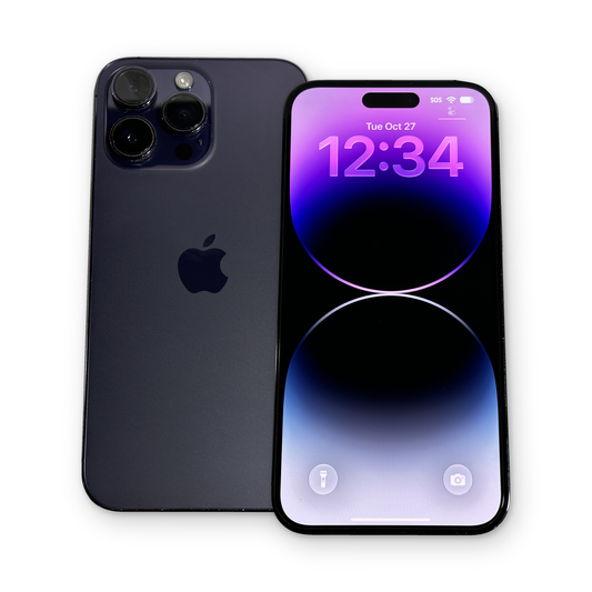 Pre-owned iPhone 14 Pro 128GB in Deep Purple, front and back, on a white background