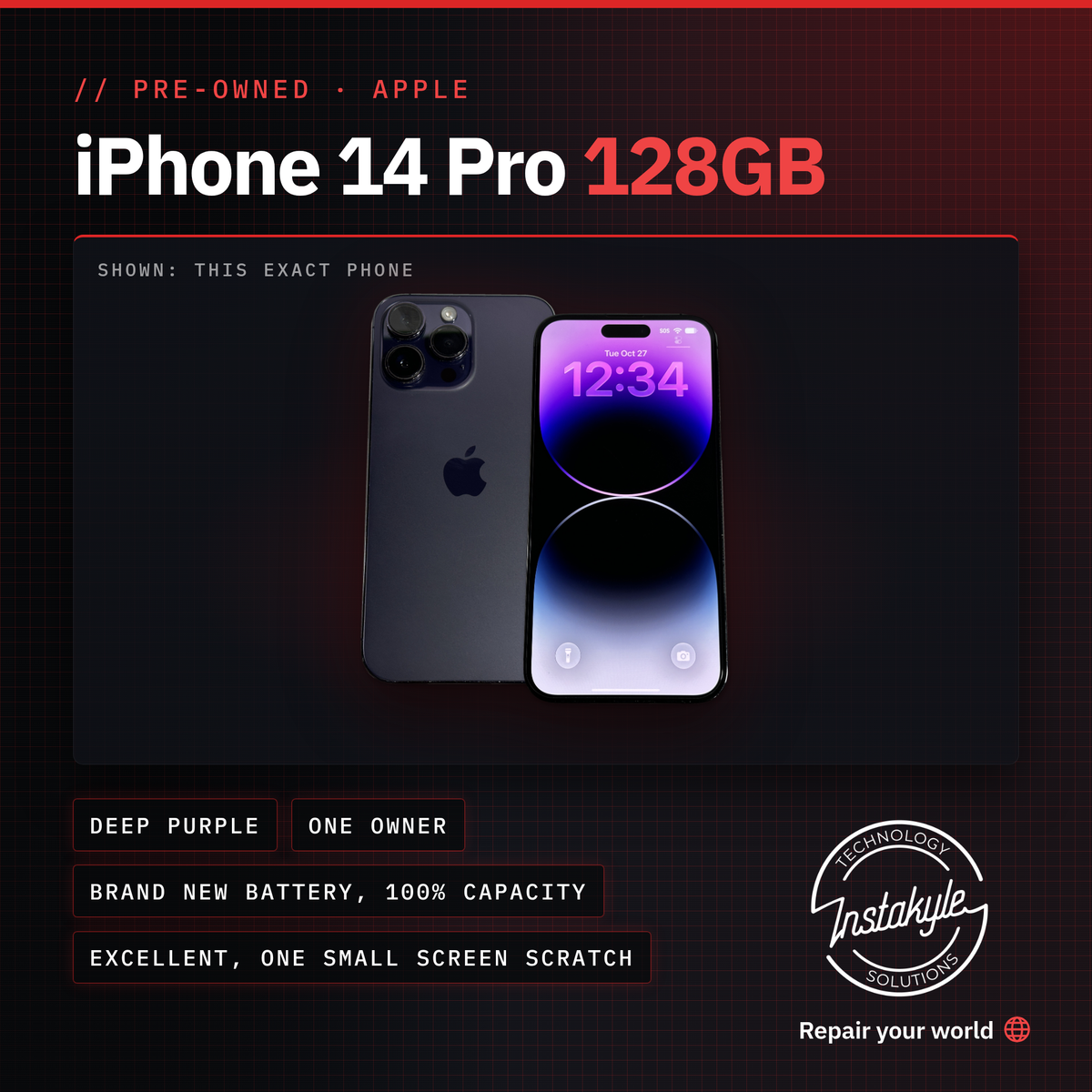 iPhone 14 Pro 128GB Deep Purple, one owner, brand new battery at 100% Maximum Capacity, excellent condition with one small screen scratch
