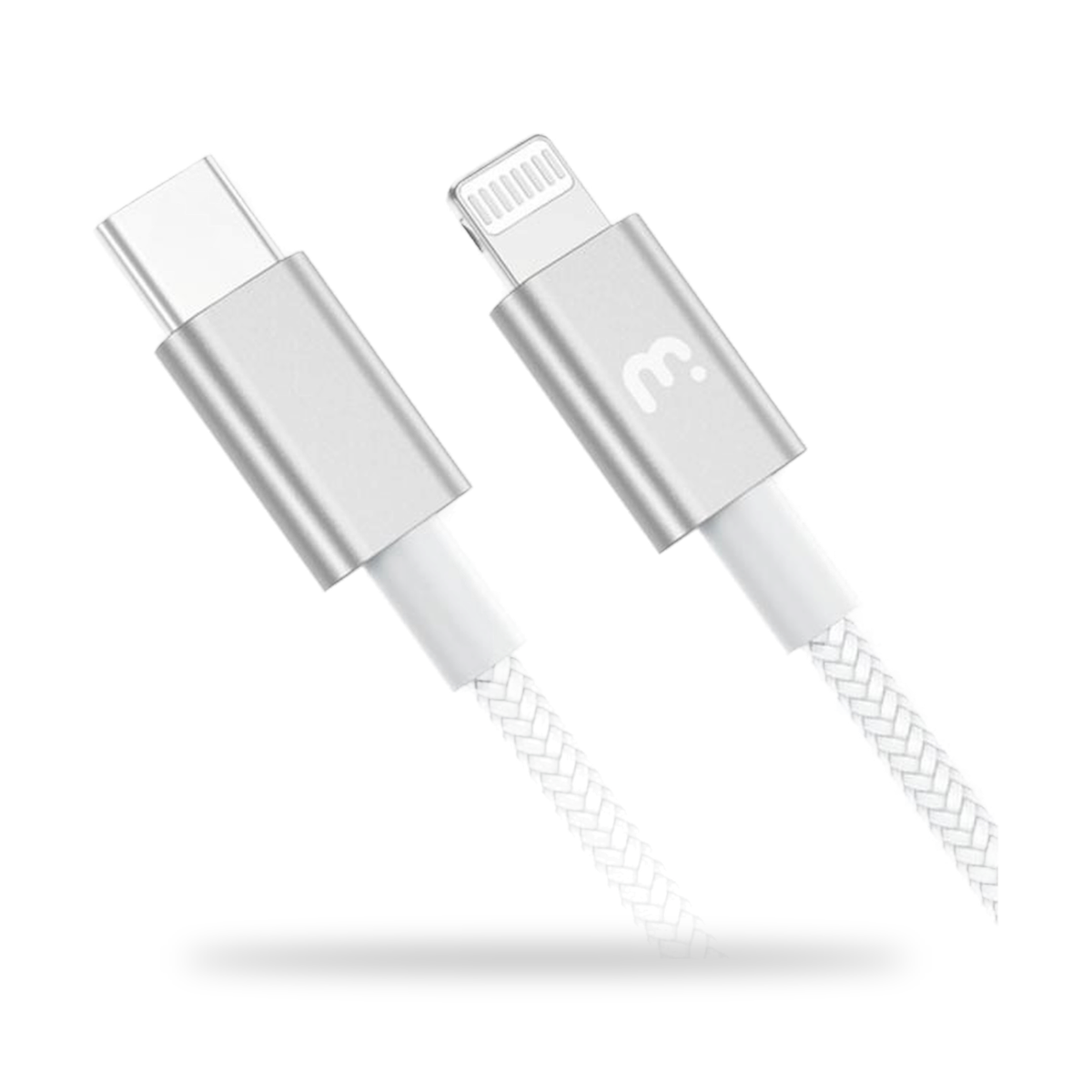 MyBat Pro MFi USB-C to Lightning cable, 6.5 ft, white braided, connector close up
