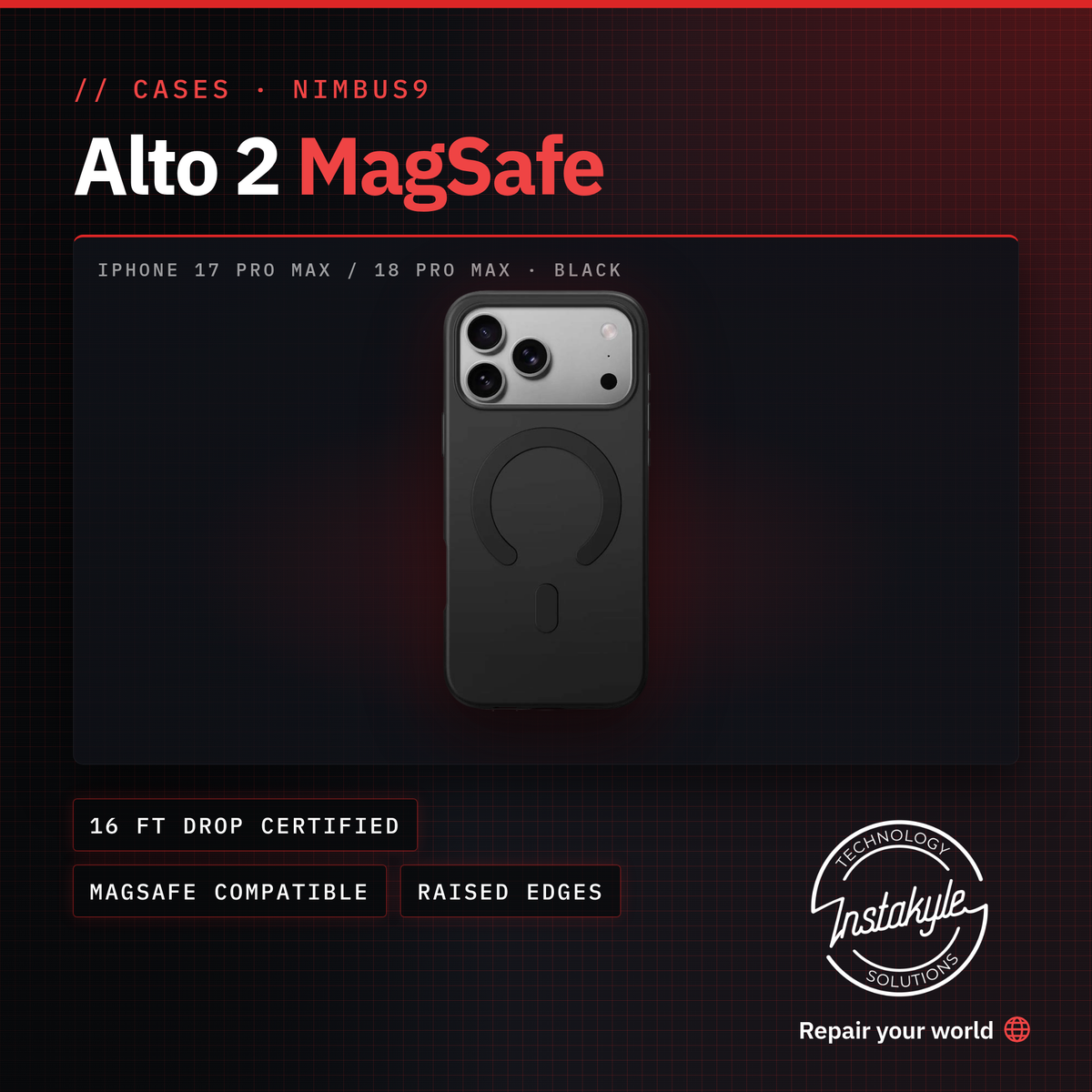 Nimbus9 Alto 2 MagSafe case, iPhone 17 and 18 Pro Max, black, Instakyle product card with key specs