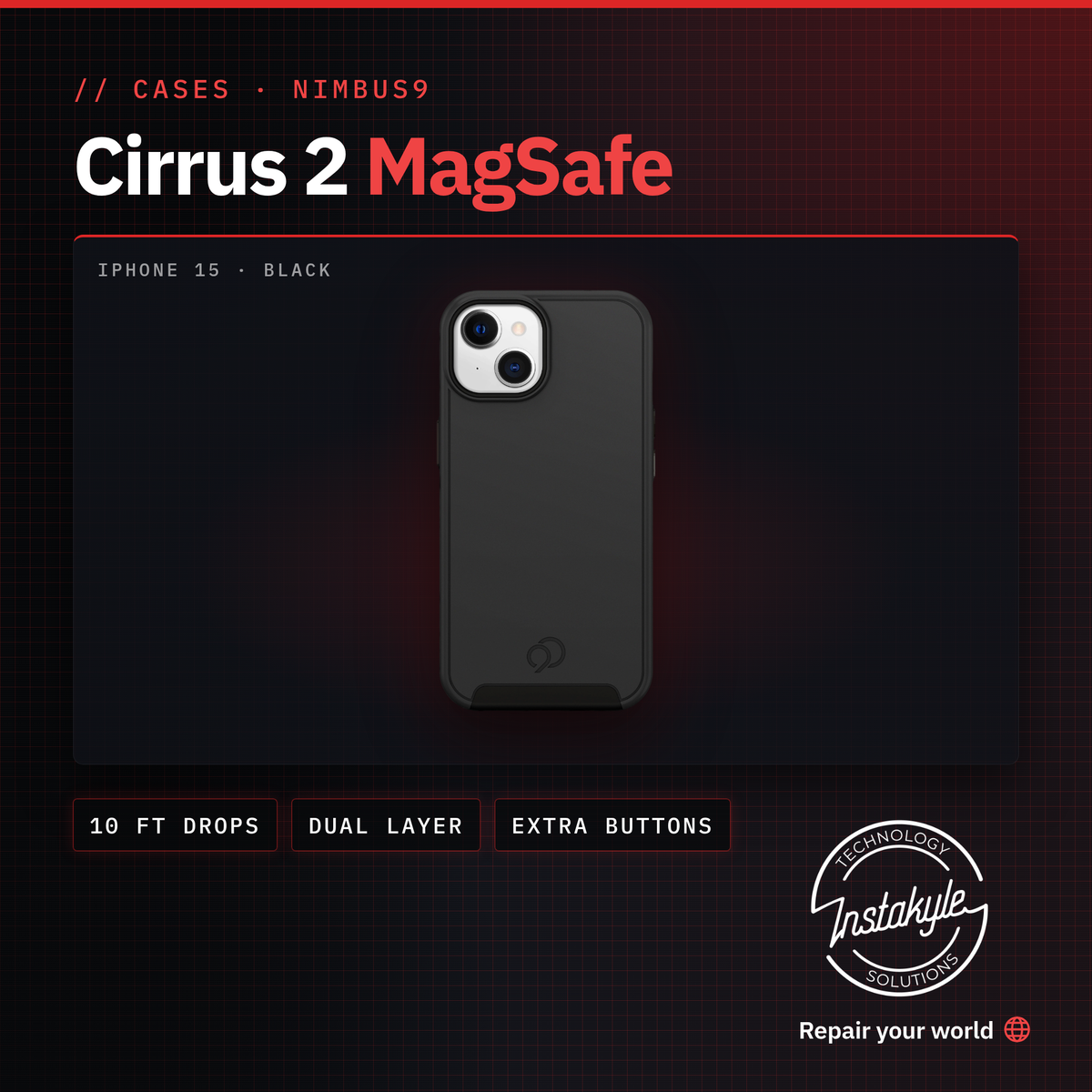 Nimbus9 Cirrus 2 MagSafe case, iPhone 15, black, Instakyle product card with key specs